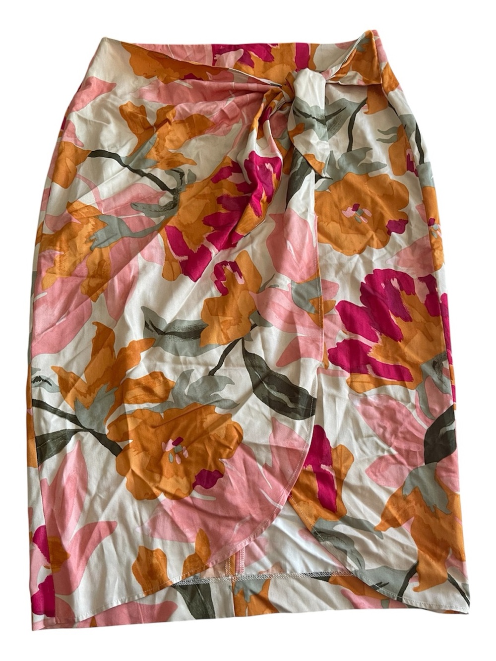 RW&Co Floral Faux Wrap Midi Skirt in Pink, Orange & White with Back Zipper